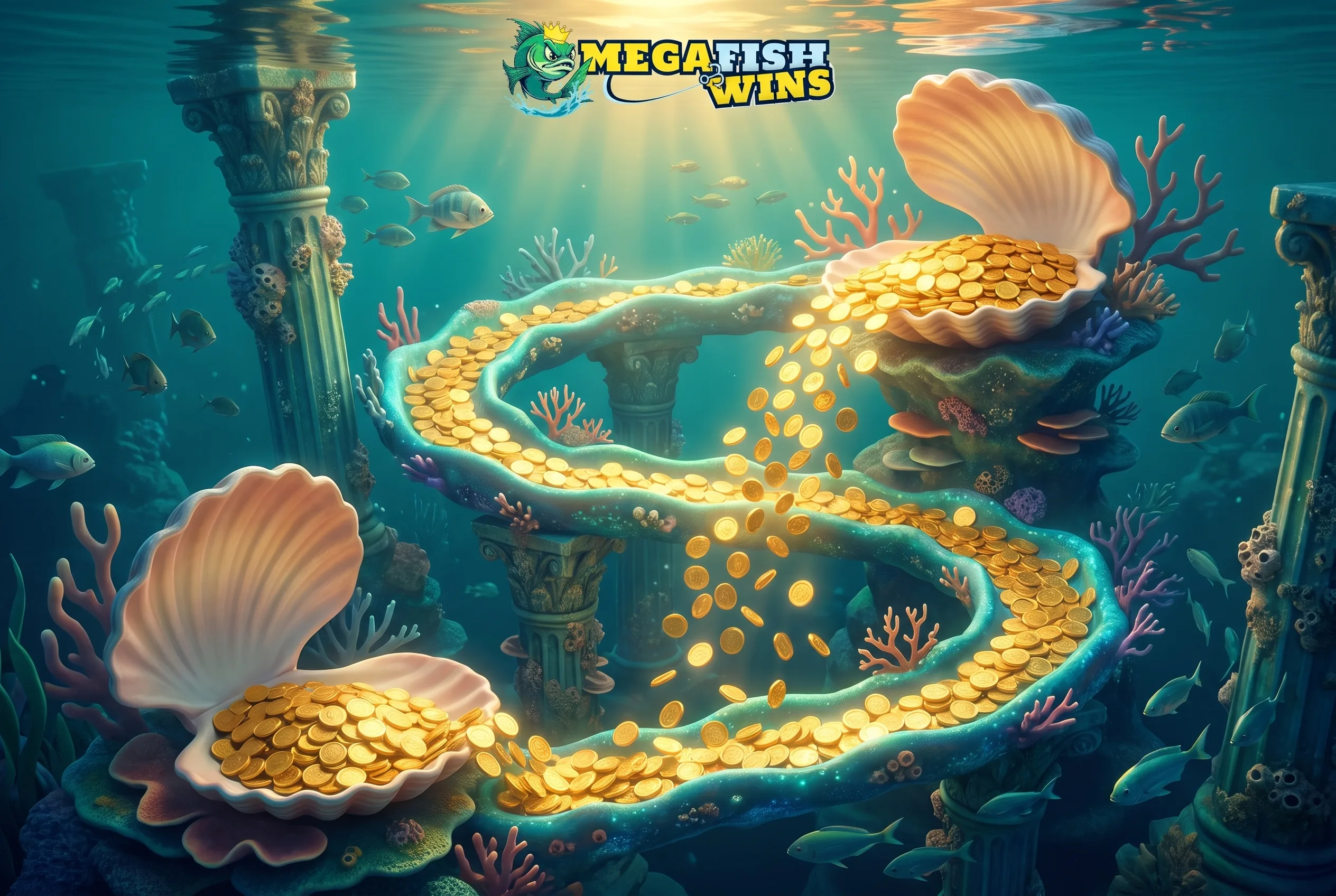 Gold coins flowing between shells in the MegaFishWins underwater palace