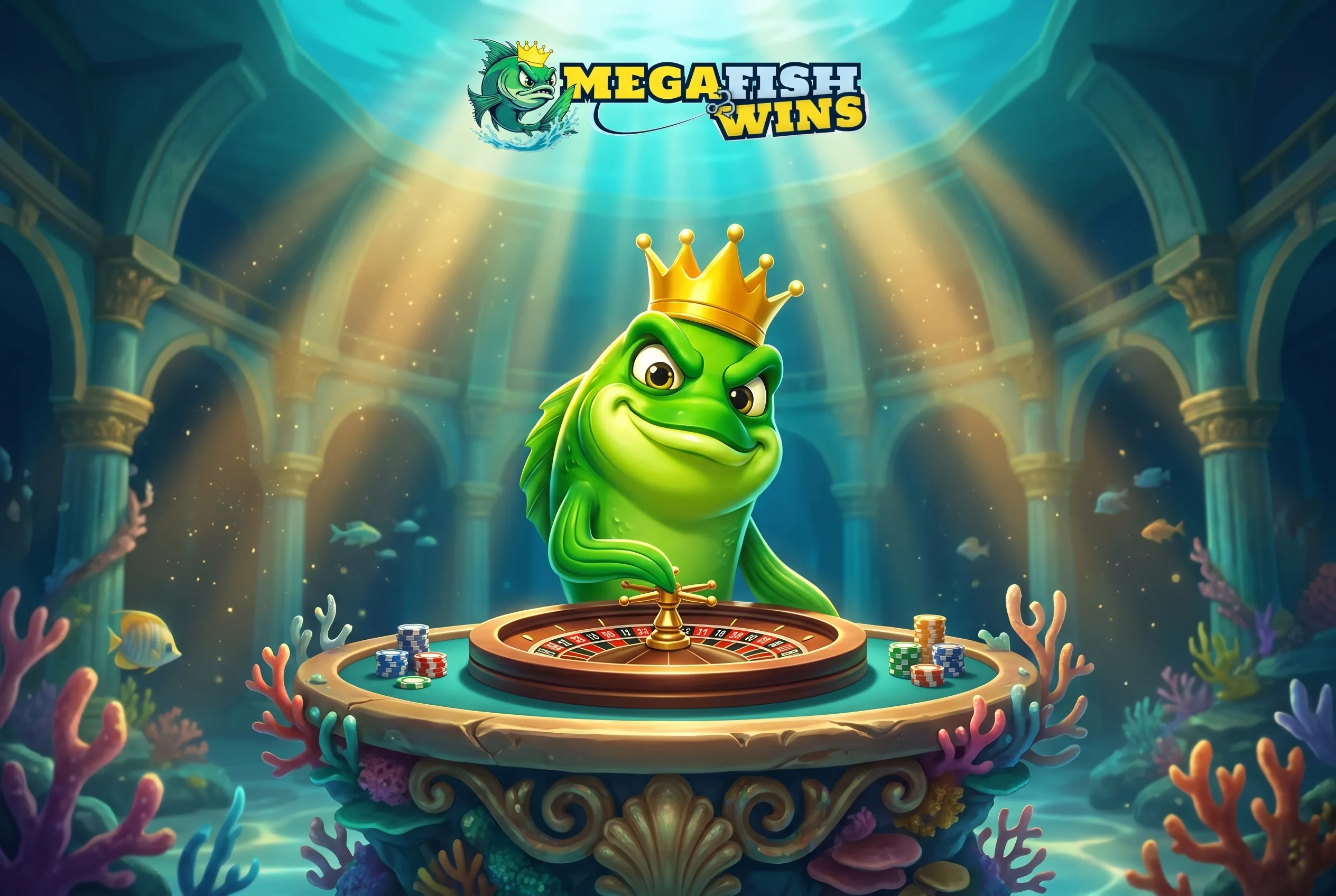 The MegaFishWins fish king at an underwater roulette table
