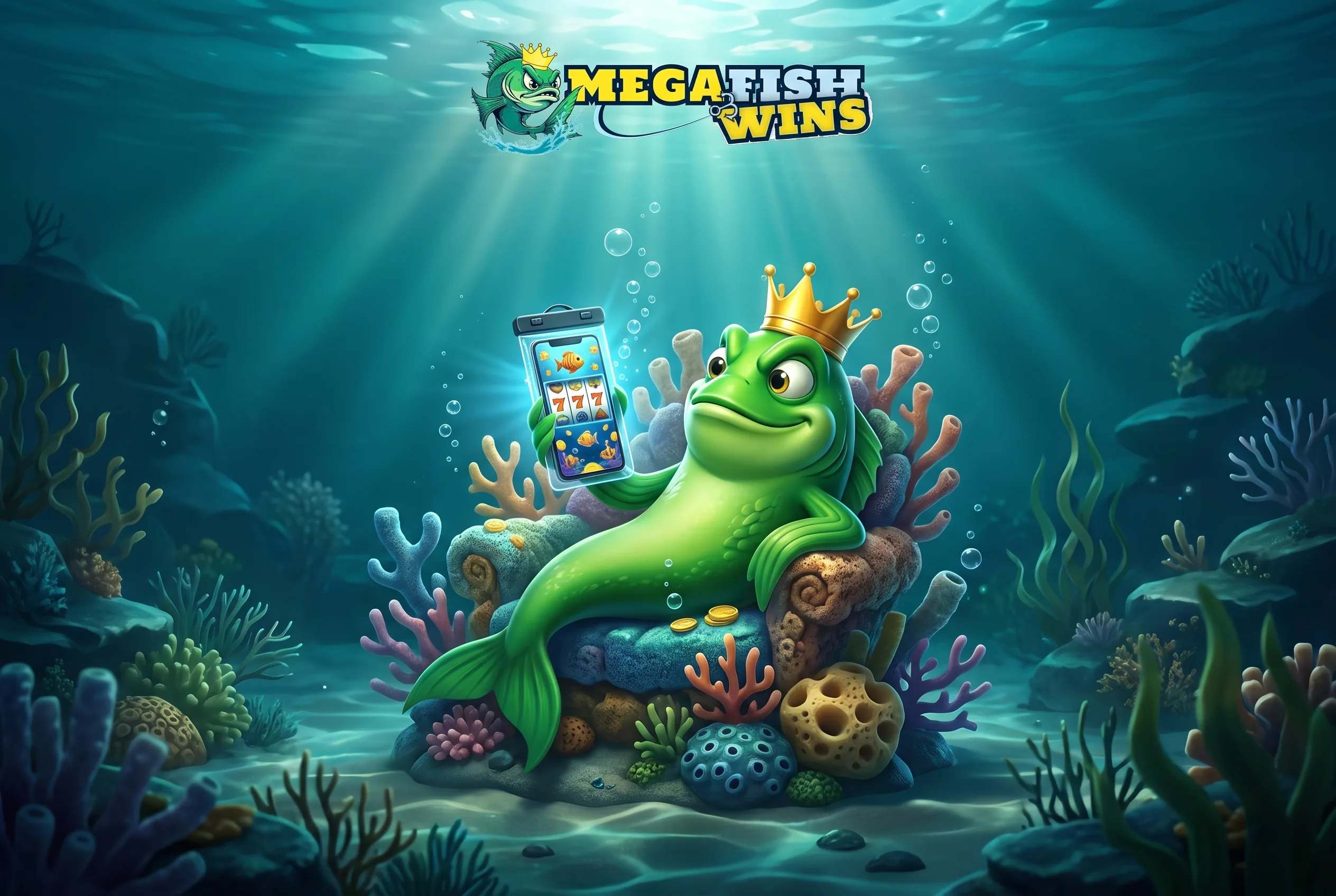 The MegaFishWins fish king playing on a phone in an underwater palace