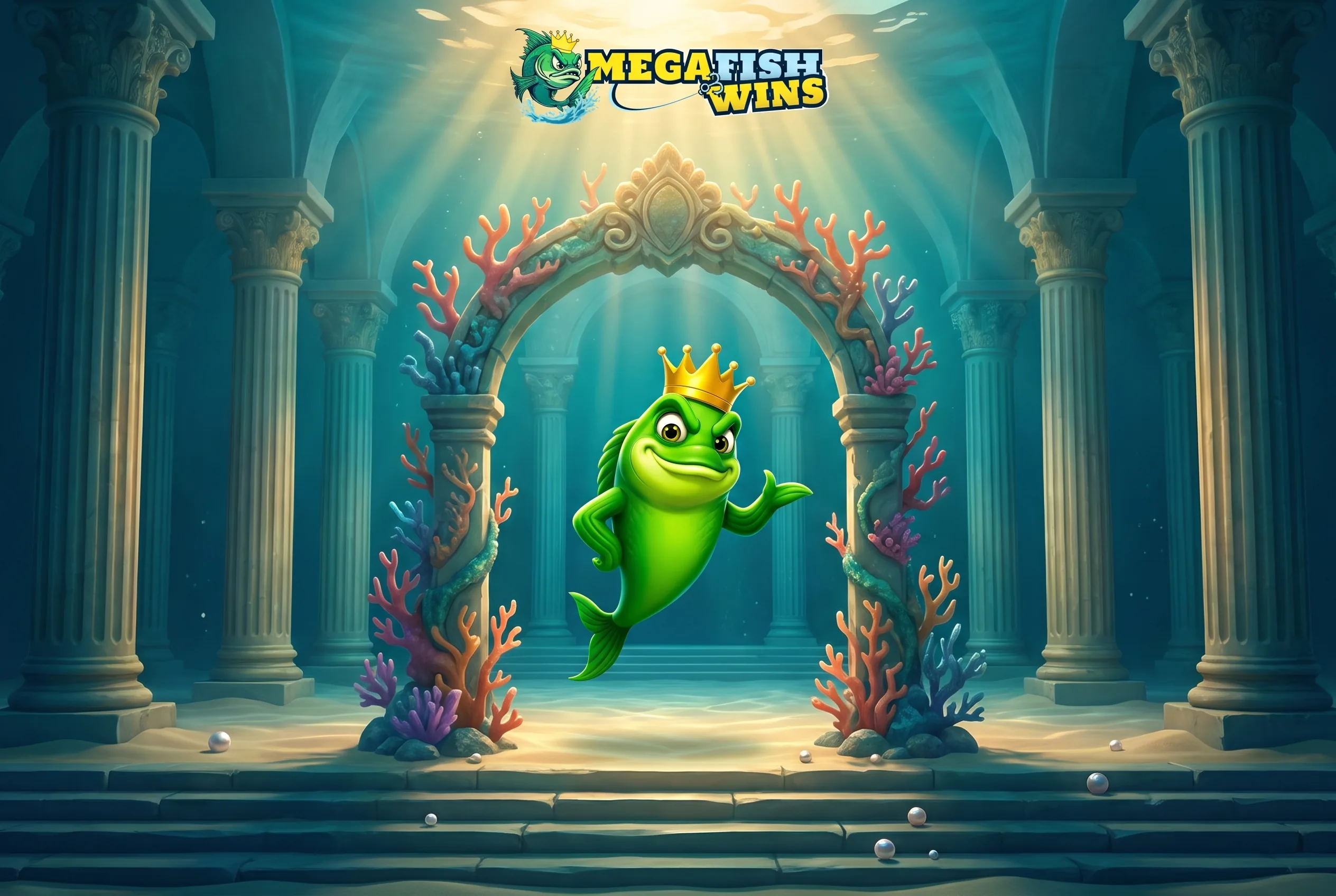 The MegaFishWins fish king welcoming visitors through a coral arch