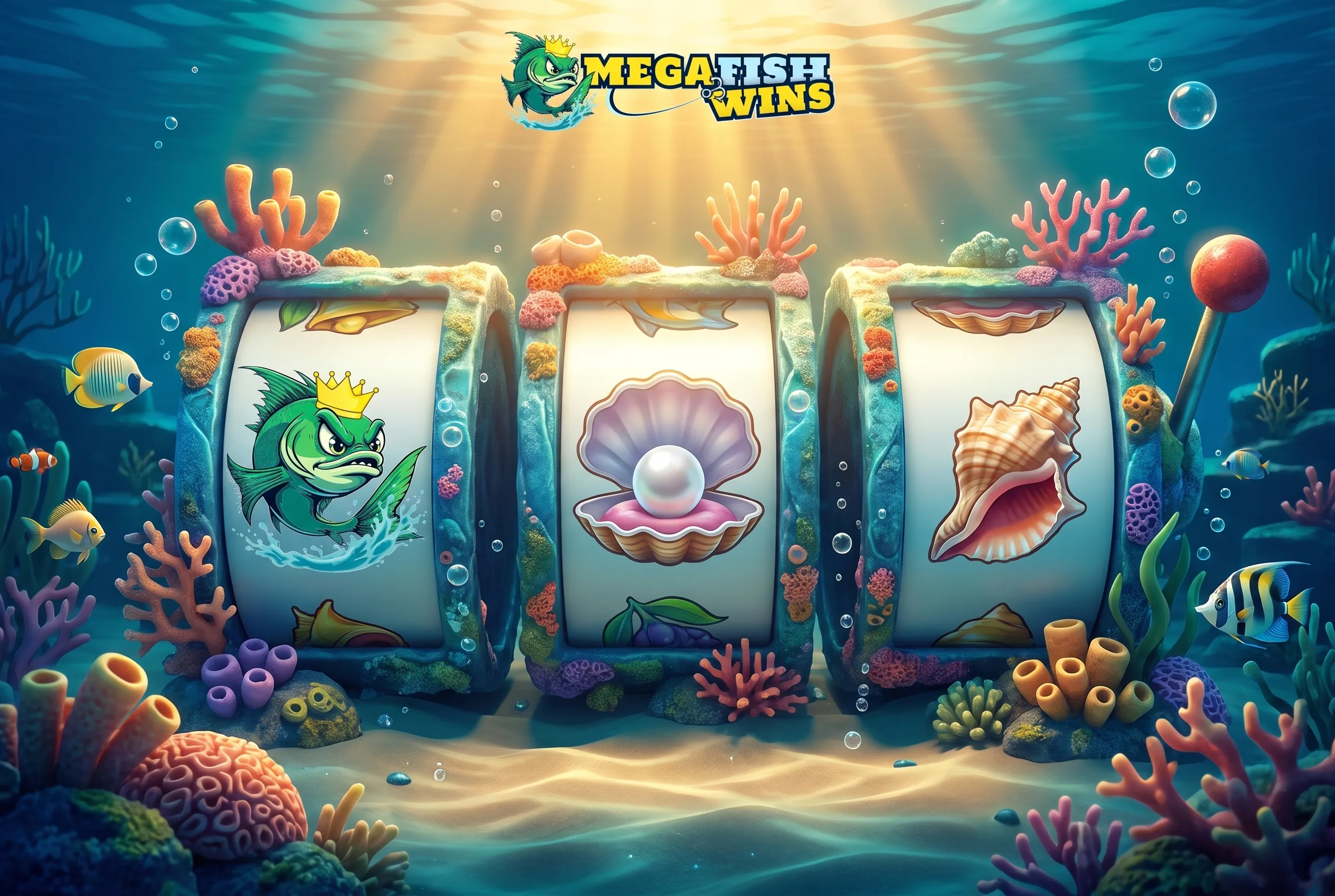 Underwater slot reels with fish, shell and pearl symbols