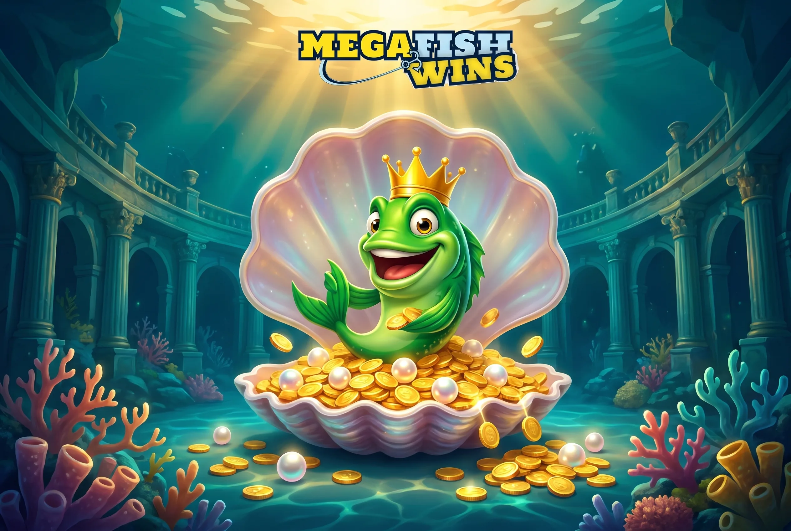 The MegaFishWins fish king with a treasure-filled pearl shell